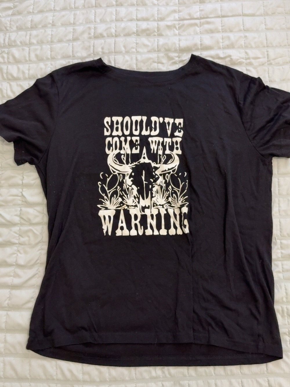 Black Graphic Tee with White Bull Skull Warning Print